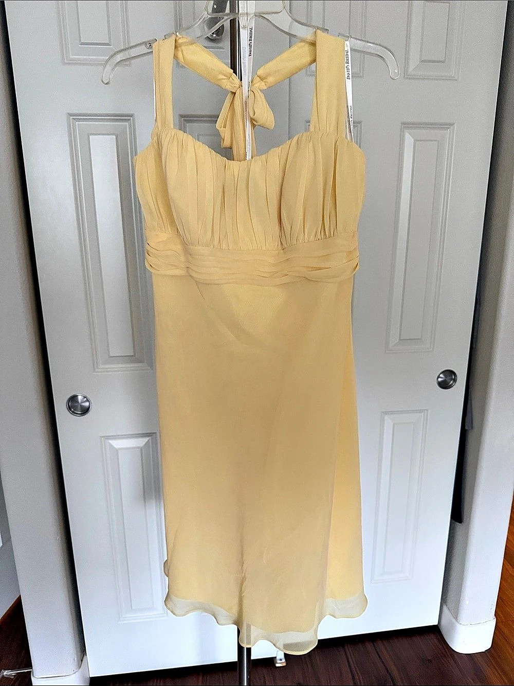 David's Bridal Short Halter Chiffon with Pleating Dress Pleating Yellow Dress